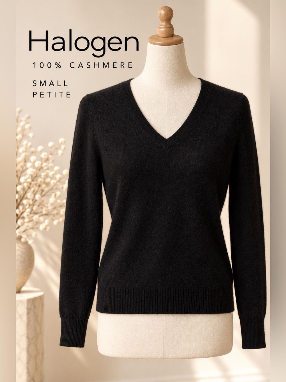 Halogen Black 100% Cashmere V-Neck Sweater Small Petite
